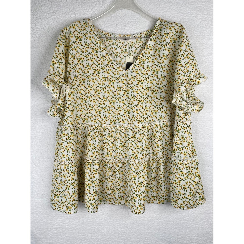 Agnes Orinda Womens 2X Floral V-Neck Tiered Babydoll Ruffle Sleeve Blouse White
